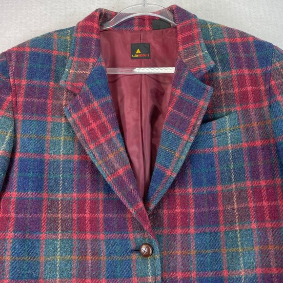 Vintage Womens 10 Red Blue Green Plaid Wool Long Heavy Blazer Jacket Pockets - Picture 2 of 11